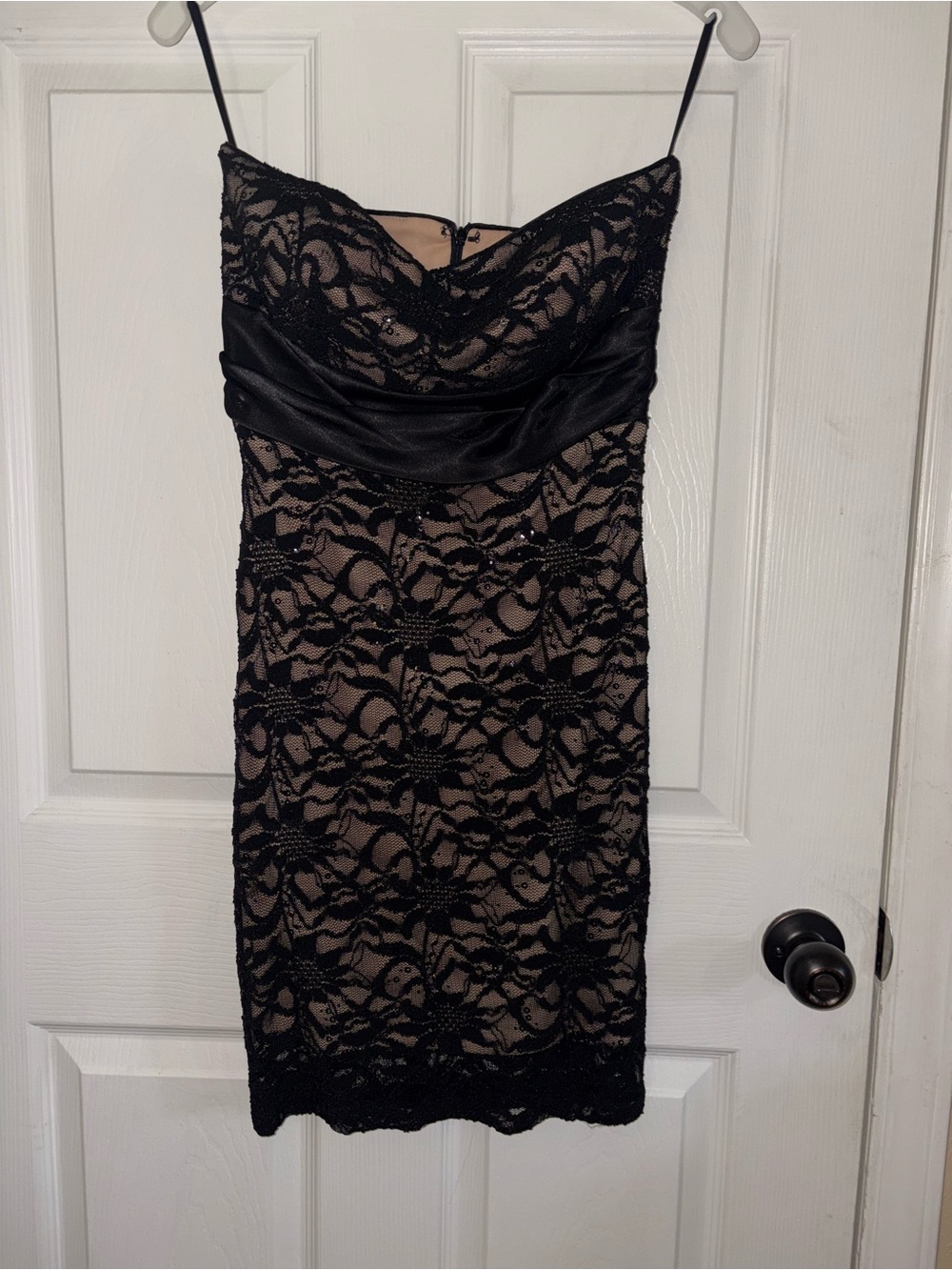 Onyx Nite Black Lace Mini Dress with Nude Underlay